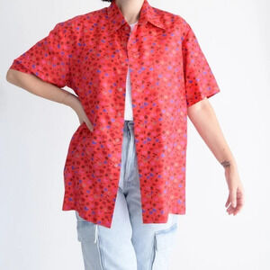 Vintage Tie Silk Red  Silk Short Sleeve Button Blouse w Elephants Medium